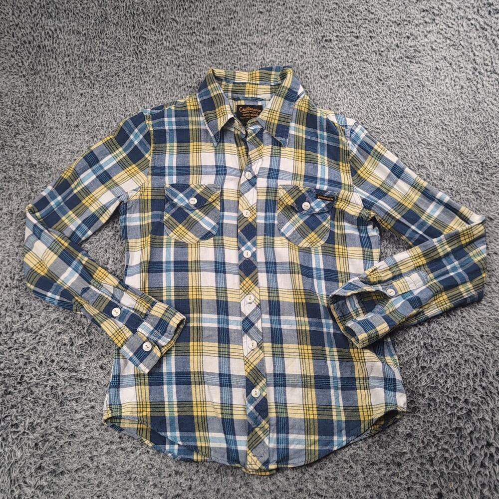 Civilianaire Shirt Men Small Blue Yellow Button Up Flannel Workwear Made in USA